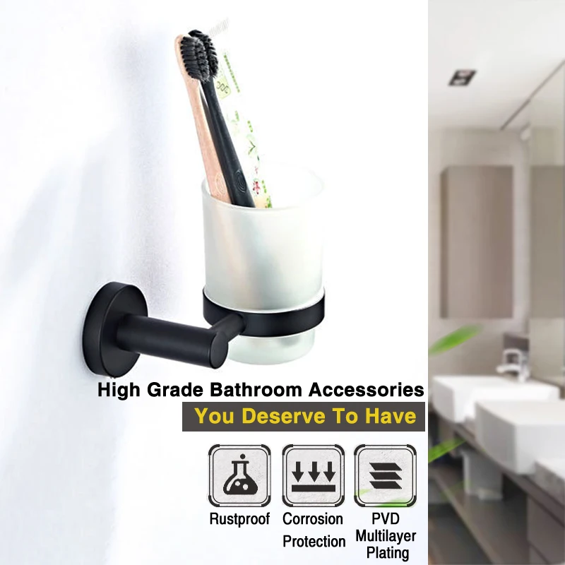 Bathroom Single Glass Toothbrush Holder Tumbler Wall Mount Toothpaste Cup ~Black 