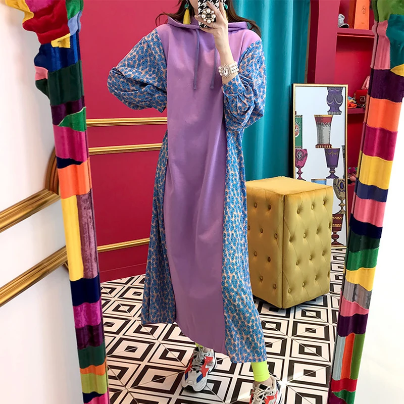 SHENGPALAE Новое весеннее лоскутное платье с капюшоном и длинным рукавом с принтом Vestidos элегантное женское платье в стиле ампир Корея FS643