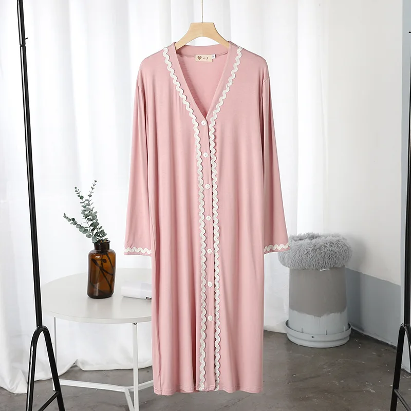 Langarm V-ausschnitt Modale Baumwolle Nachtwäsche Süße Spitze Nacht Kleid Casual Lose Nachthemden Für Frauen Frühling Herbst Hause Kleidung – Detail 13