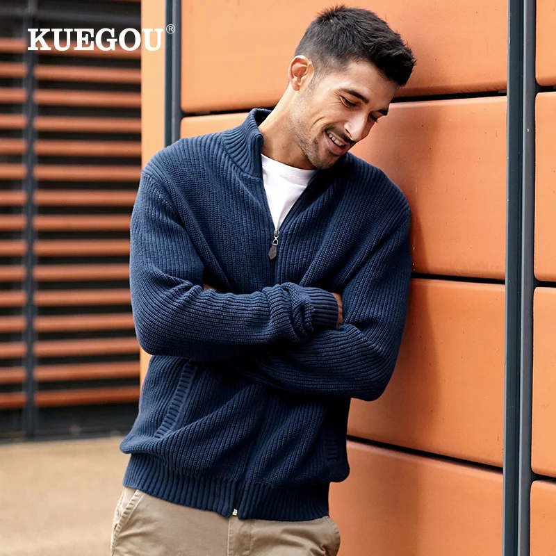 Sweater Coat Outwear Clothing Knitted Men KUEGOU Man Winter Fashion Cotton Semi-High-Collar