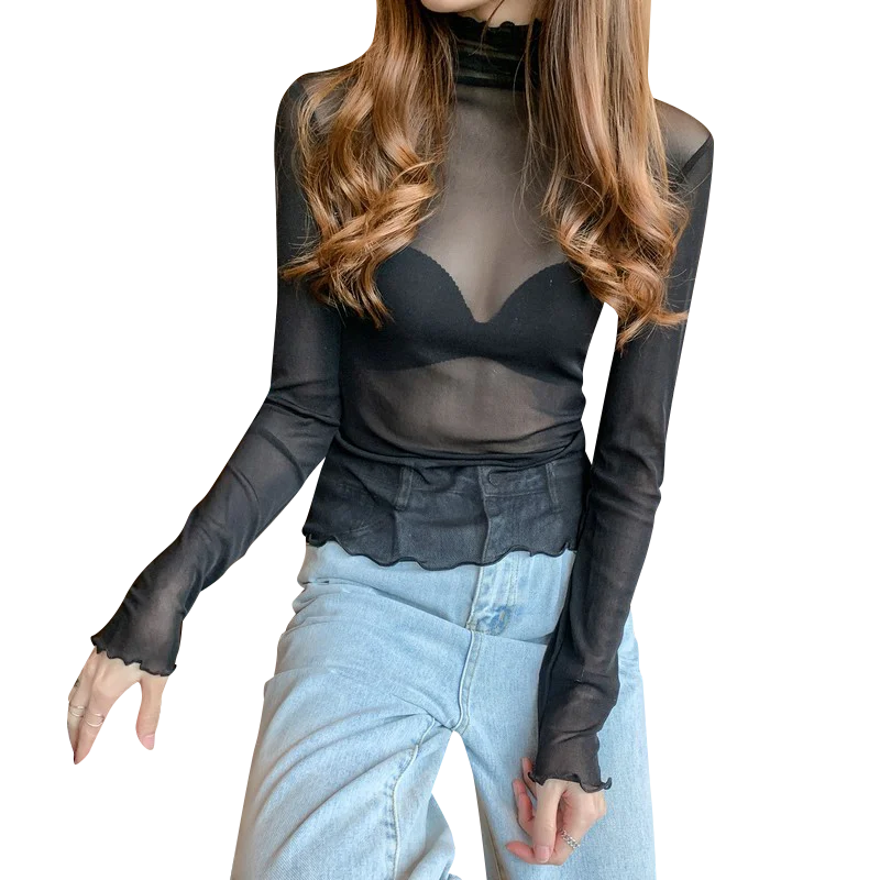 Size M-3XL Girls Mesh Blouses Shirts Tees Female Autumn Transparent Full Sleeve Turtleneck Thin Blouse Tops Undershirts Women 6