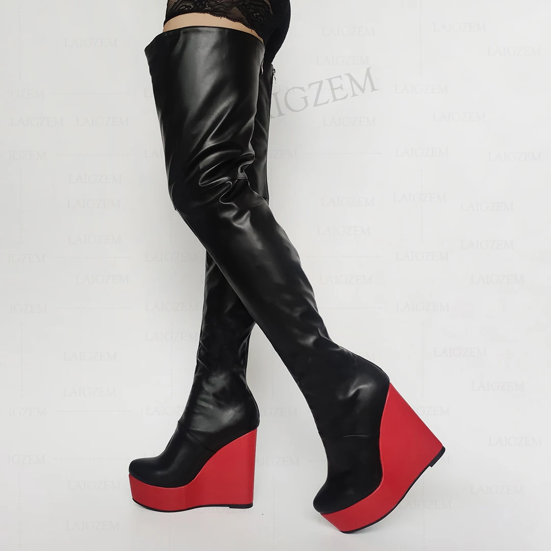 

LAIGZEM Women Thigh High Boots Platform Wedges Back Zip Up Over Knee Boots Faux Leather Unisex Shoes Woman Large Size 42 46 52