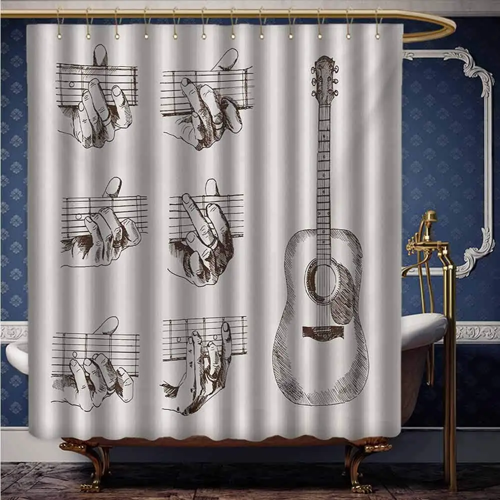 Guitar Reversible Polyester Shower Curtain Sketch Art Style Instrument and Chords Acoustic Flamenco Technique Skill Talent Water | Дом и сад