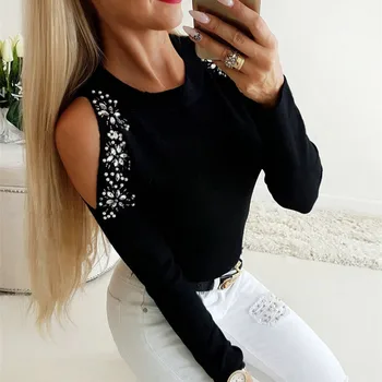 

Brand New Womens Rhinestone Cold Shoulder Long Sleeve Crew Neck Tee Ladies Casual Slim Fit Tops Basic T-Shirt