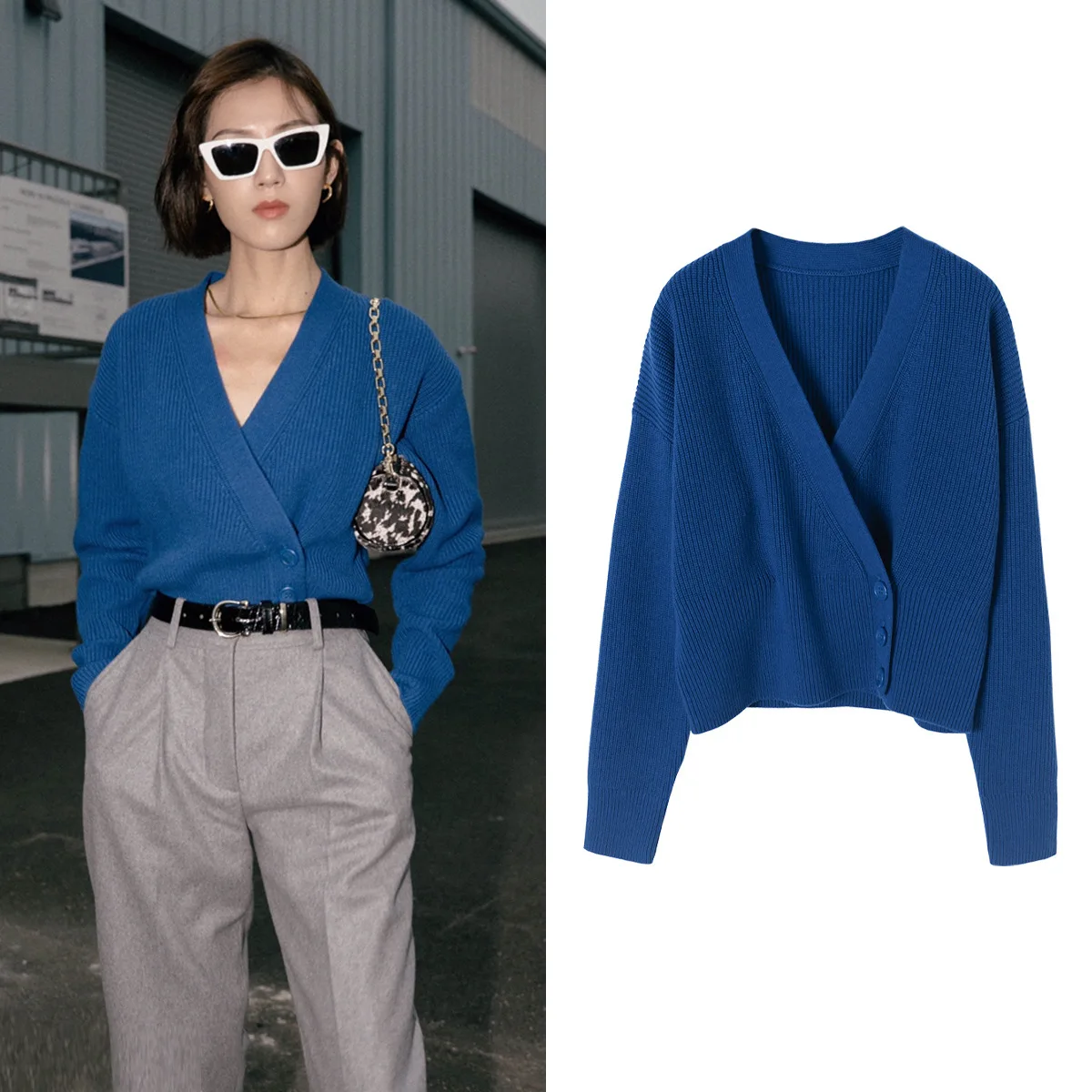 

[2020 Spring New] OS Blue Languid Long-sleeved Knitted Sweater With Slanting Cardigans With 100 V-necks