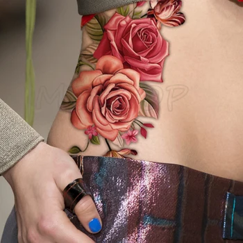 

Pink Bloom Rose Water Transfer Tattoo Stickers Women Body Chest Art Temporary Girl Waist Bracelet Flash Tatoos Flower