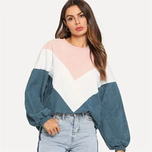 Fannic Color Cut and Sew Chevron Sweatshirt Preppy Round Neck Bishop Sleeve Pullovers Women Autumn Colorblock Sweatshirts