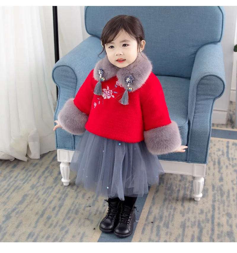 

New winter traditional Chinese Han style artificial fur jacket outwear with embroidered+mesh skirt two pieces suit set for girls