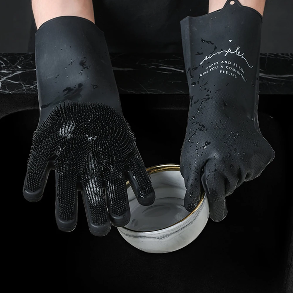 Home Silicone Cleaning Gloves Kitchen Washing Vegetables Dishwashing Gloves Non-slip Belt Hair Brush Kitchen Cleaning Supplies
