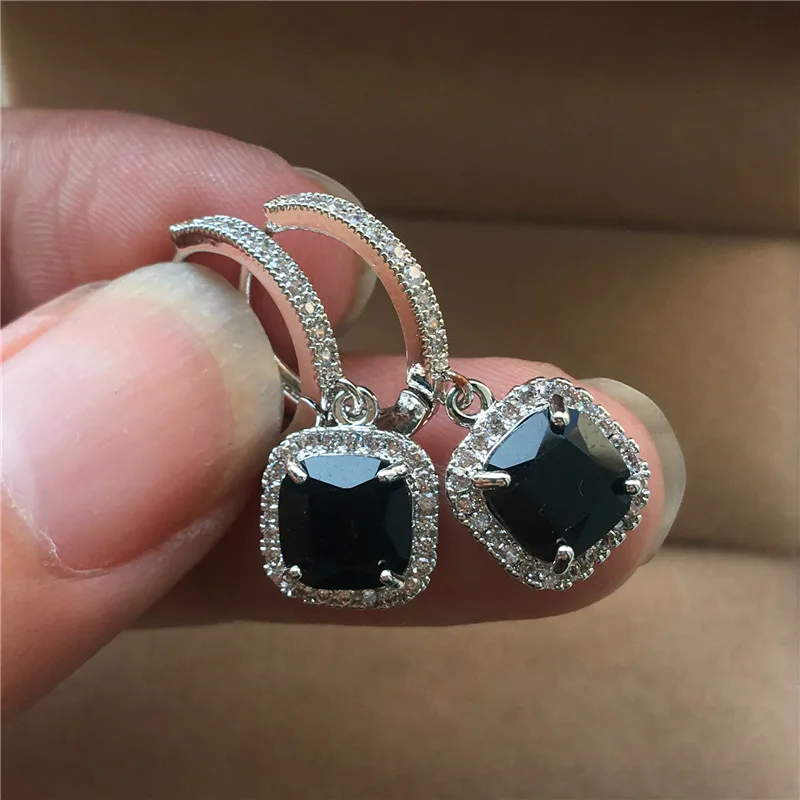 

Luxury Female Crystal Black Zircon Stone Earrings Blue Green Square Drop Earrings Vintage Silver Wedding Earrings For Women
