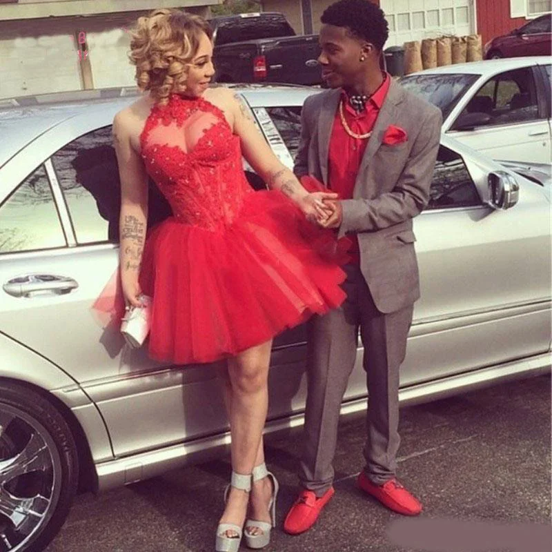 Sexy Red Lace Cocktail Party Dresses High Neck A Line Appliques Sheer Neck Bride Gowns Knee Length Graduation Party Dresses Cust