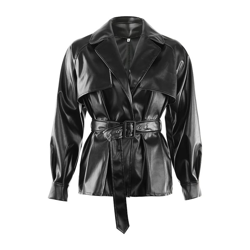 Jacket Gothic Black Trench Coat Women Fall Streetwear Faux Leather PU Jacket with Bandage Belt Ladies Fashion Motorcycle Jacket Outwear - Цвет: Jacket