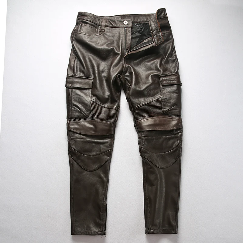 Мужские длинные брюки из натуральной кожи, облегающие брюки для мотоцикла, мужские винтажные брюки из коровьей кожи, мужские повседневные байкерские брюки - Цвет: dark blue