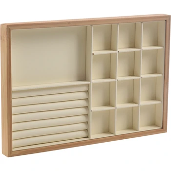 

Bamboo Wood Jewelry Display Jewellery Tray Ring Holder Necklaces Organizer Bracelets Showcase Pendants Box Beige
