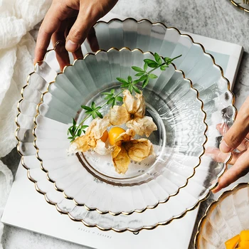 

color painted gold glass bowl dish purple amber transparent petal glass plate salad bowl fruit bowl western food dessert