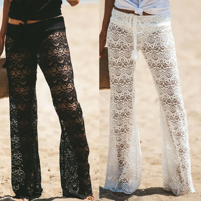 Sexy Women Beach Cover Up Pants Lace Crochet Sheer Trousers Swimsuit