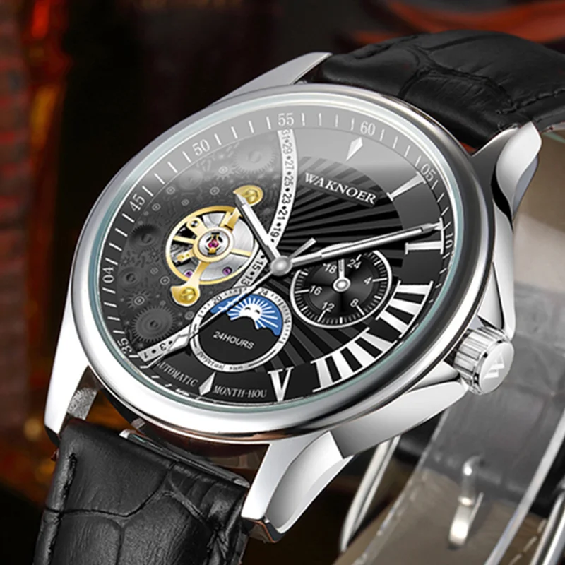 WAKNOER Мужские механические наручные часы Tourbillon Автоматические Мужские часы мужские модные Moon Phase Водонепроницаемые кожаные часы Reloj Hombre