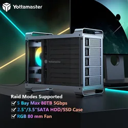 Yottamaster – boîtier de disque dur externe Raid DF5RU3, 5 baies, 2.5 pouces, SATA, SSD, 80 to Max, 80mm, ventilateur silencieux RGB, caddy 