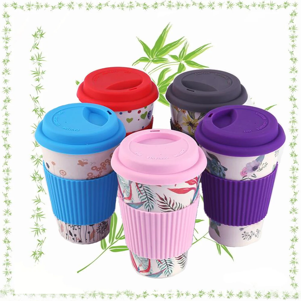 

Portable 400ml Practical Reusable Bamboo Fiber Silicone Cap Coffee Cups Eco Friendly Non-slip Printing Travel Mugs