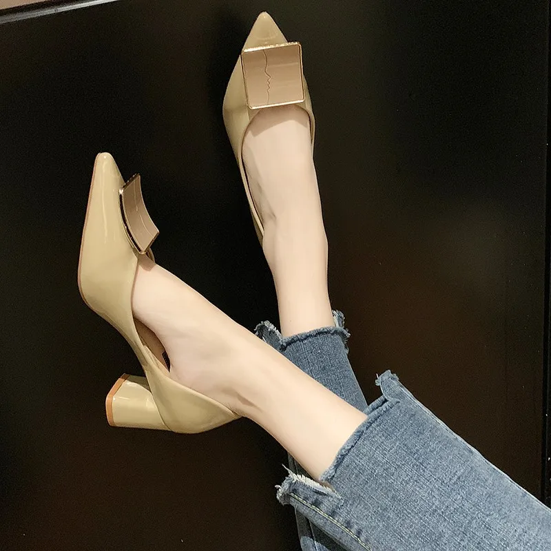 

Autumn New Style Chunky Heel Pointed Shallow Mouth Shoes Women's Square Buckle Ol Career Low-top Shoes High-Heel Four Seasons WO