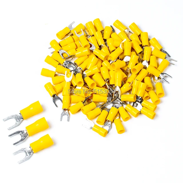 100Pcs SV series Fork Insulated Electrical Wire Crimp Terminals A.W.G 14-12 spade terminals Crimp Wire Connectors Yellow