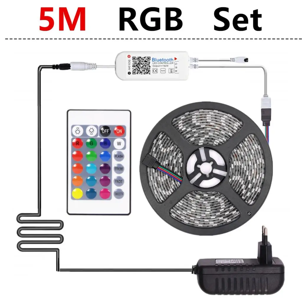 5M RGB Set 5 м 10 м RGB светодиодный светильник 5050 SMD диодный светодиодный ленточный Водонепроницаемый Bluetooth 24Key управление DC 12 В адаптер питания комплект - Испускаемый цвет: 5M RGB Set