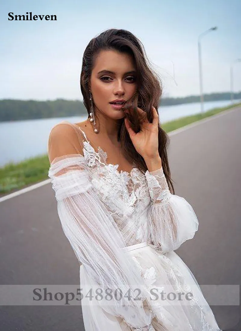 Smileven Boho Свадебные платья трапециевидной формы с пышными рукавами пляжные кружевные платья невесты Свадебные платья с аппликацией