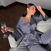 HECHAN Solid Women Robes With Sashes 2 Piece Set Wrist Sleep Tops Satin Pants Loose Pajamas Casual Sleepwear Female Home Suits ► Photo 2/6