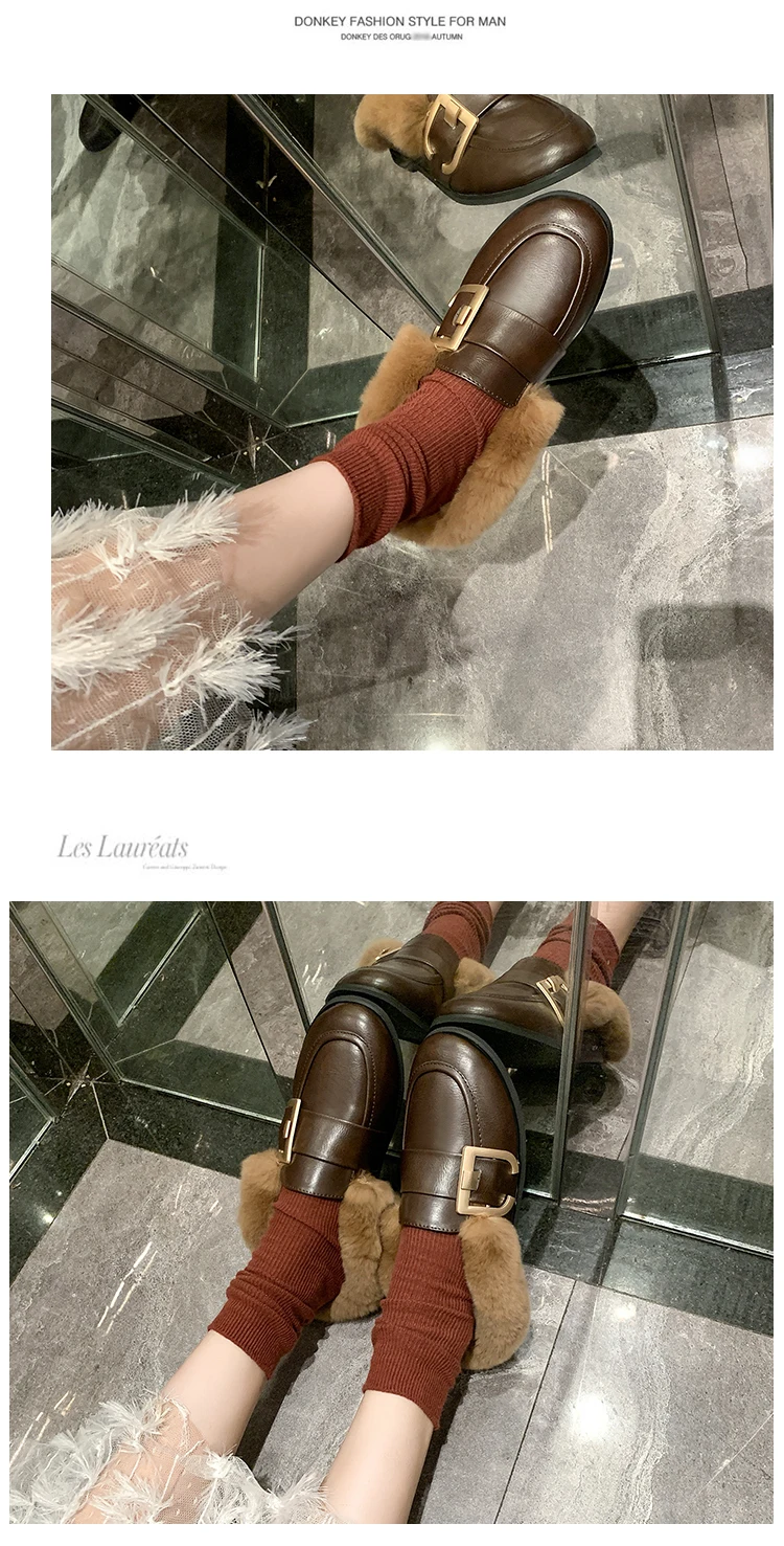 all match fur buckle slip-on moccasins winter new student outside casual loafers brand genuine rabbit hair warm women shoes