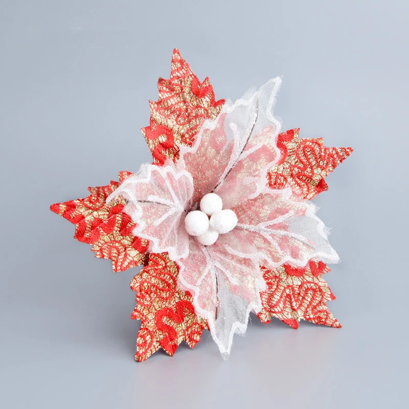 5 шт. Искусственные цветы из фланели с блестками Poinsettia, украшение для дома, праздничные украшения для рождественской елки, вечерние принадлежности