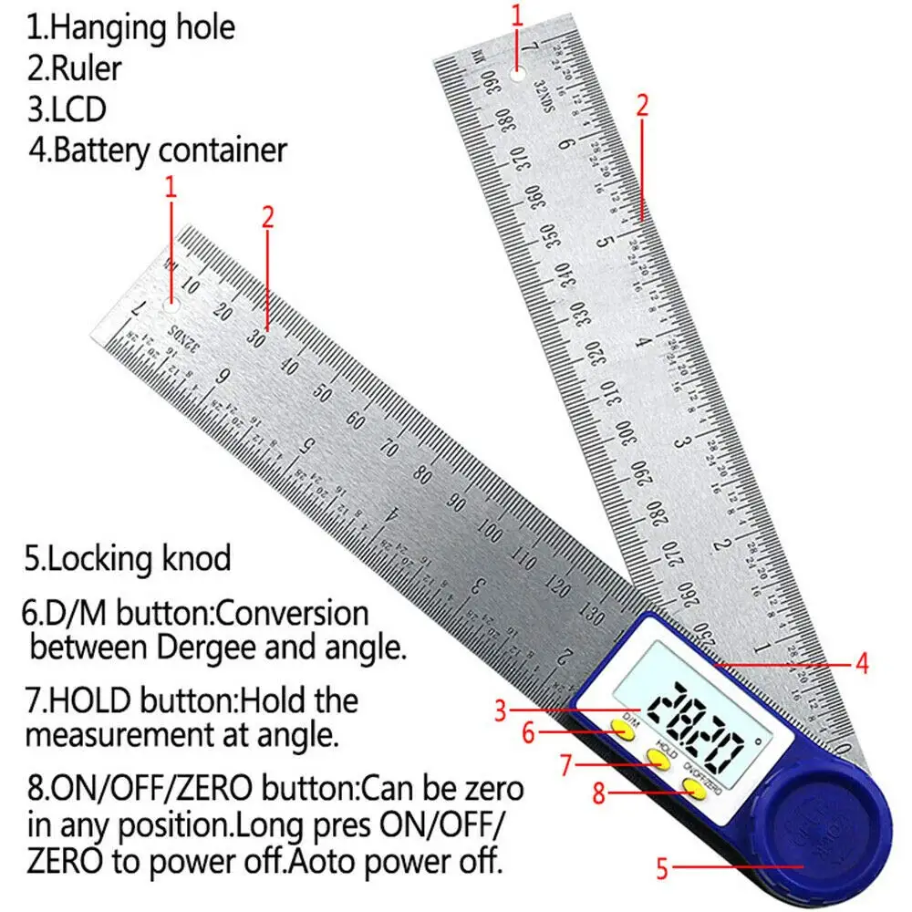 2 in 1 Digital Angle Meter with LCD Screen Measurement Finder Ruler Stainless Steel 360 ° Educational Tool for Carpentry Student