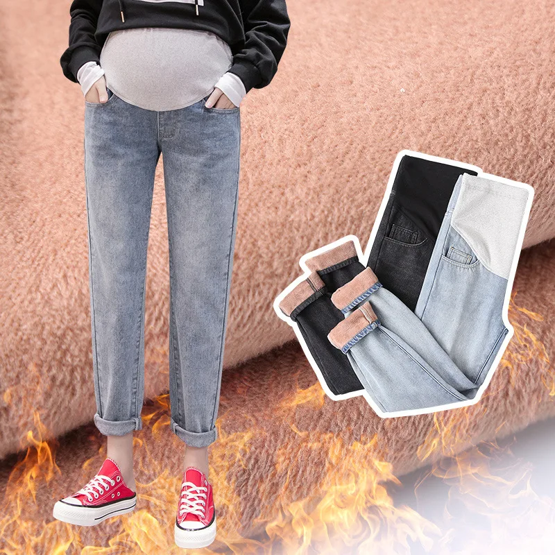 

Pregnant WOMEN'S Pants Spring And Autumn Jeans Autumn And Winter plus Velvet Dad Wide-Leg Trousers Outer Wear Loose Fashion Fash