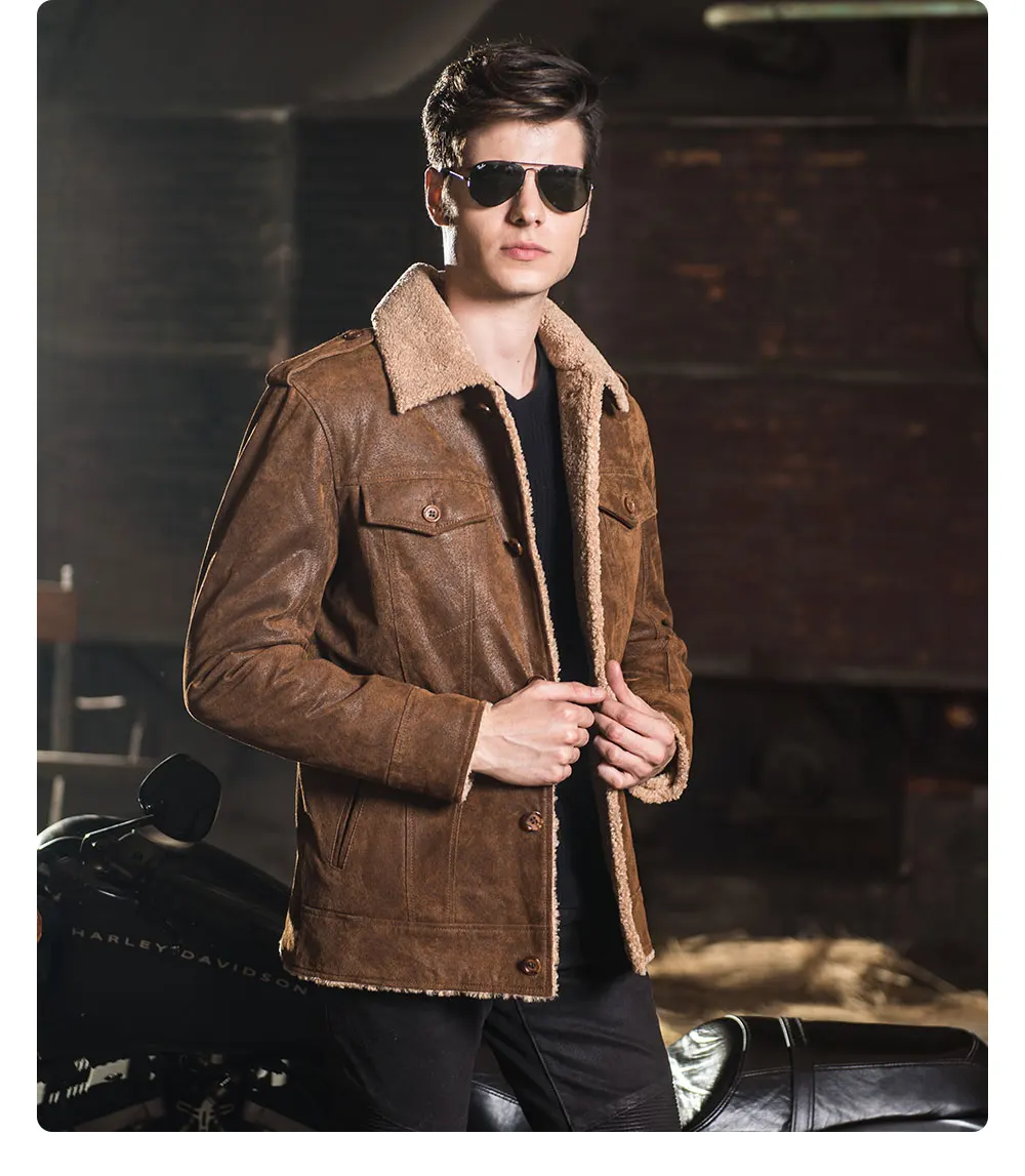 Kожаная куртка мужская джинсовая из свиной шкуры, куртки из натуральной кожи, жакет с подкладкой из искусственного меха, кожаное пальто