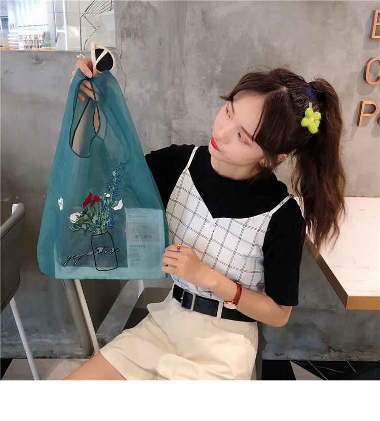 PGOLEGGY Original New Solid Color Totes Light Mesh Handbag Rose Embroidery Portable Shopping Bag Portable Elegant Girl Totes