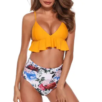 

Plus Size Female Swimming Bathing Suit V Neck Ruffle Hem Push Up Women High Waist sets