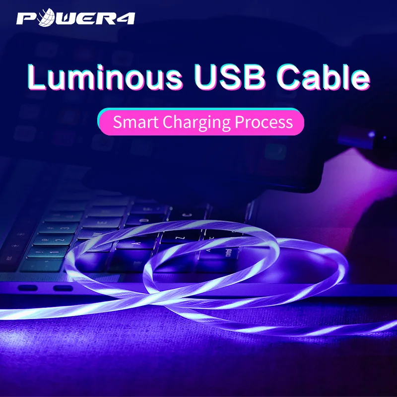 Power4 усиленный микро кабель usbc для iPhone xs max светящийся светодиодный USB Type C Lightning