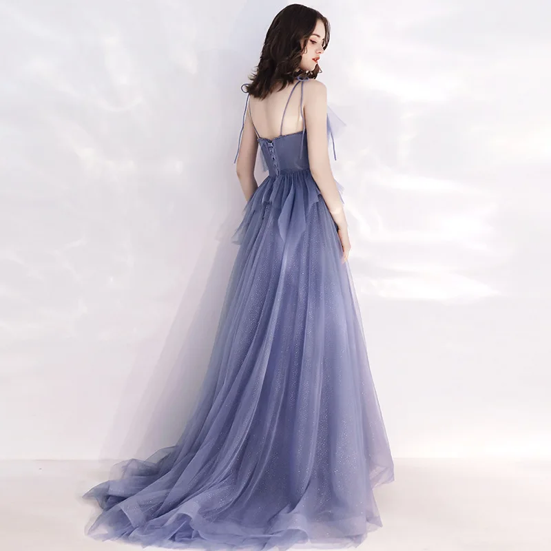 

Women Noble Trailing Chinese Mesh Dresses Sequins Qipao Evening Party Dress Elegant Blue Sexy Spaghetti Cheongsam Robe De Soiree