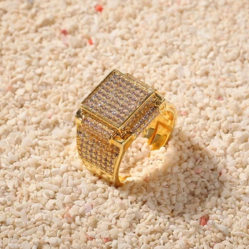 

Hip Hop Rhinestone Ice Decoration Sparkling Large Square Ring Stainless Steel Fashion Exaggeration Men Trend Dainty Jewelry Ring
