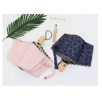 

Full Automatic Umbrella Double Layer Wooden Handle Parasol Folding Umbrella With Heart Pattern Family Outdoor Travel Umbrella