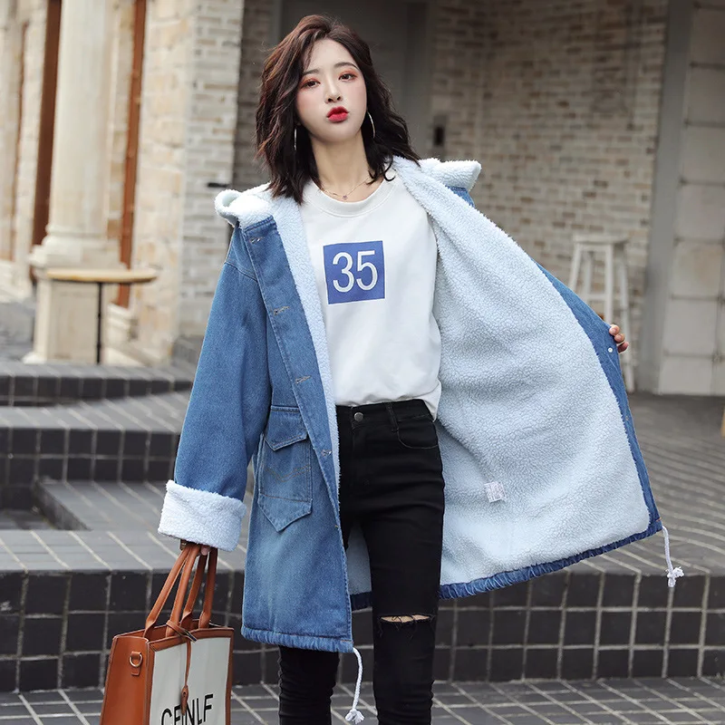 

Photo Shoot 2019 New Style Korean-style Students Printed Lambs Wool Mid-length Cowboy Hooded Brushed And Thick Coat WOMEN'S Dres