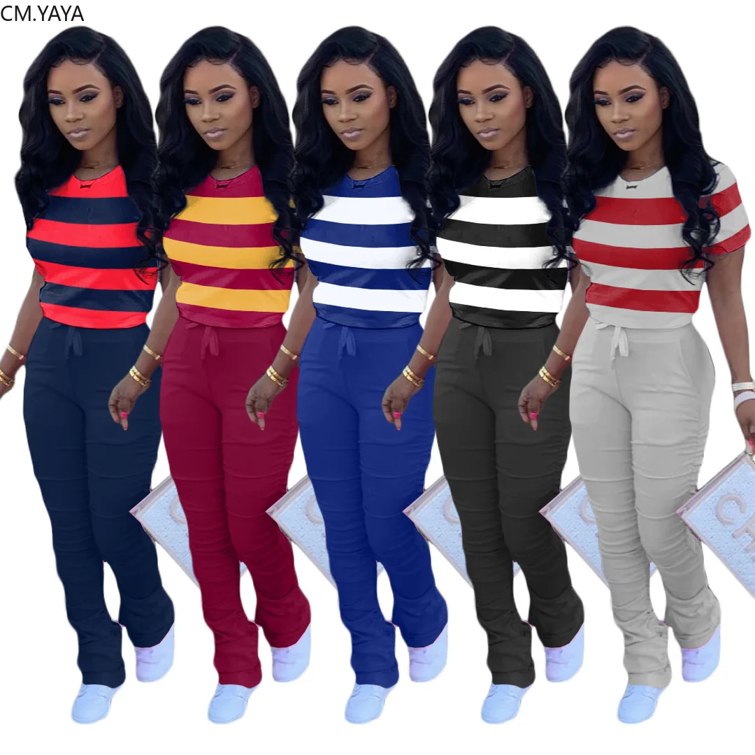 CM.YAYA Sport Women Set Two Piece Set Tracksuit Striped Tee Tops ...