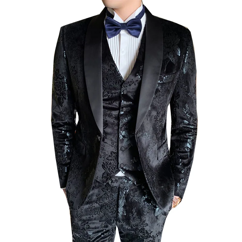 

Velvet Dress men Suits for Event 2019 Autumn Winter black print slim fit marriage party meeting costume ternos 3 Piece suit set
