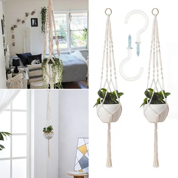 

2PCS Flower Pot Holder Macrame Plant Hanger Hanging Planter Basket With Hooks Cotton Linen Door Wall Hang