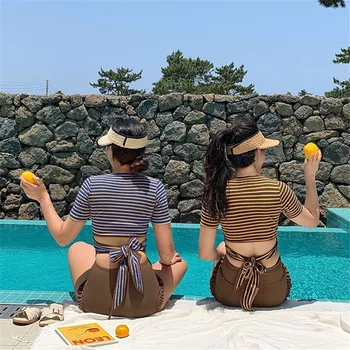

Swimsuit 2020 New Woman's Surfing Swimwear Female Plavky Women Headstream Korean Split Long Sleeve Stripe High Waist Back Hot
