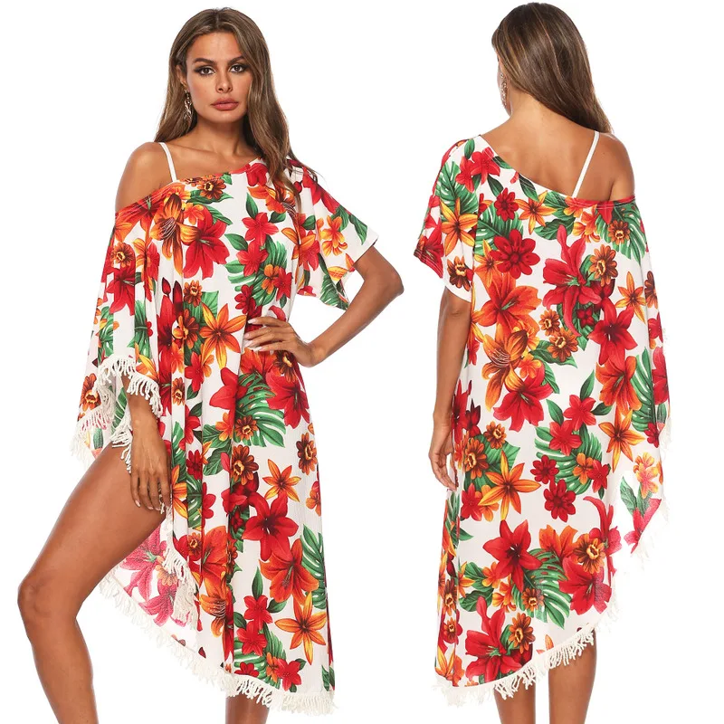 

Tunics For The Beach Dresses Pareo Sea And Cover-Ups Woman Off Shoulder One Line Loose Panel Fringe Bikini Patchwork Acetate