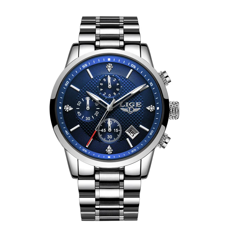Silver blue S 2020LIGE мужские часы Топ бренд класса люкс хронограф кварцевые мужские часы водонепроницаемые спортивные наручные часы мужские часы из нержавеющей стали - Цвет: Silver blue S