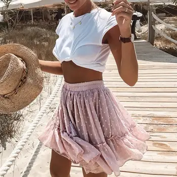 

Misswim Casual elastic high waist mini skirt women Dot summer beach pink skirt female short ruffled ladies bottom skirt 2019 new
