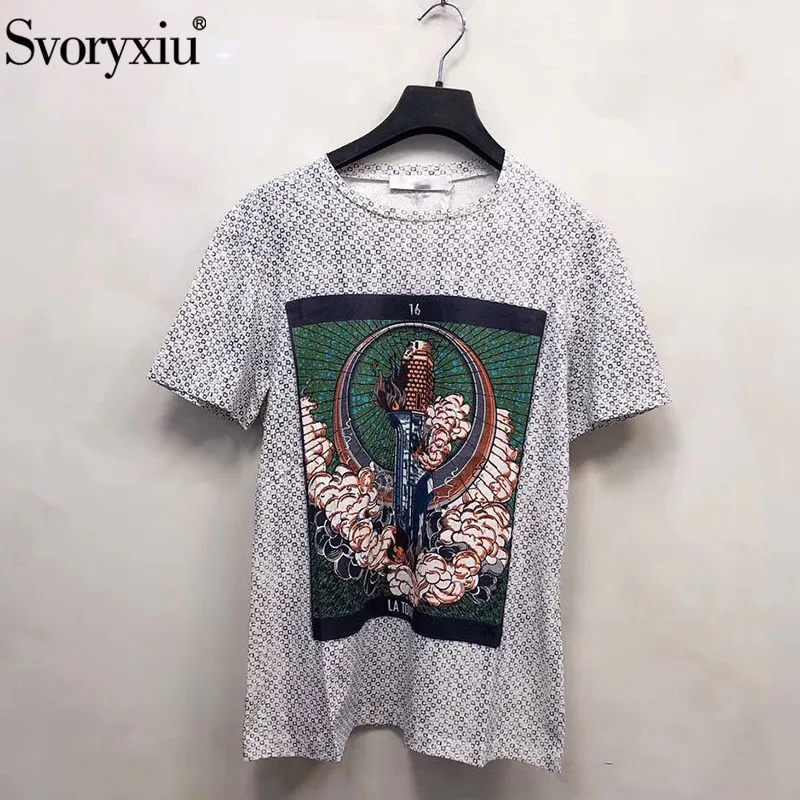 

Svoryxiu Designer Spring Summer Multi-Color Pattern Print Linen Cotton T-shirt Women's Fashion Short-Sleeved Tops Tees Female