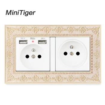 

Minitiger Double French Standard Wall Socket With 2 USB Charge Port Hidden Soft LED Indicator Vintage Zinc Alloy Frame