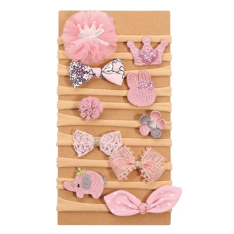 set1 pink headband 10 шт./компл. для маленьких девочек повязка на голову с бантом, Детская Пижама, для детей, лента на голову, лента для волос для девочки чалма Haarband одежда для малышей аксессуары для волос - Цвет: set1 pink headband